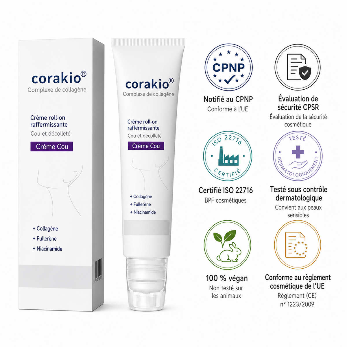 ⏳corakio® Crème Liftante Cou & Décolleté Roll-On