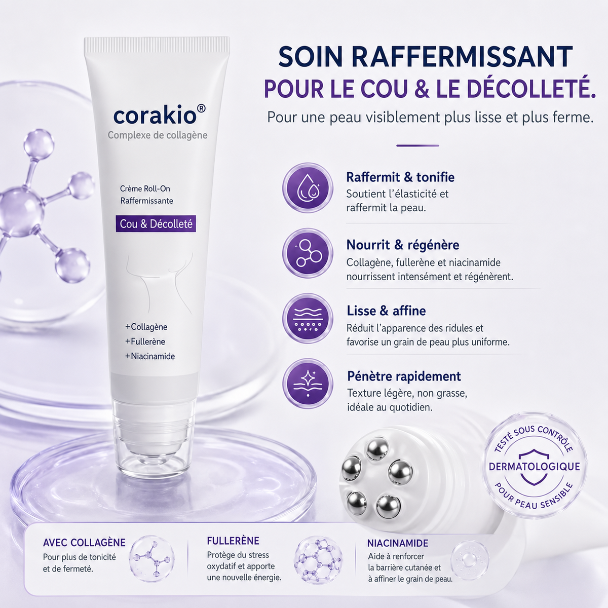 ⏳corakio® Crème Liftante Cou & Décolleté Roll-On