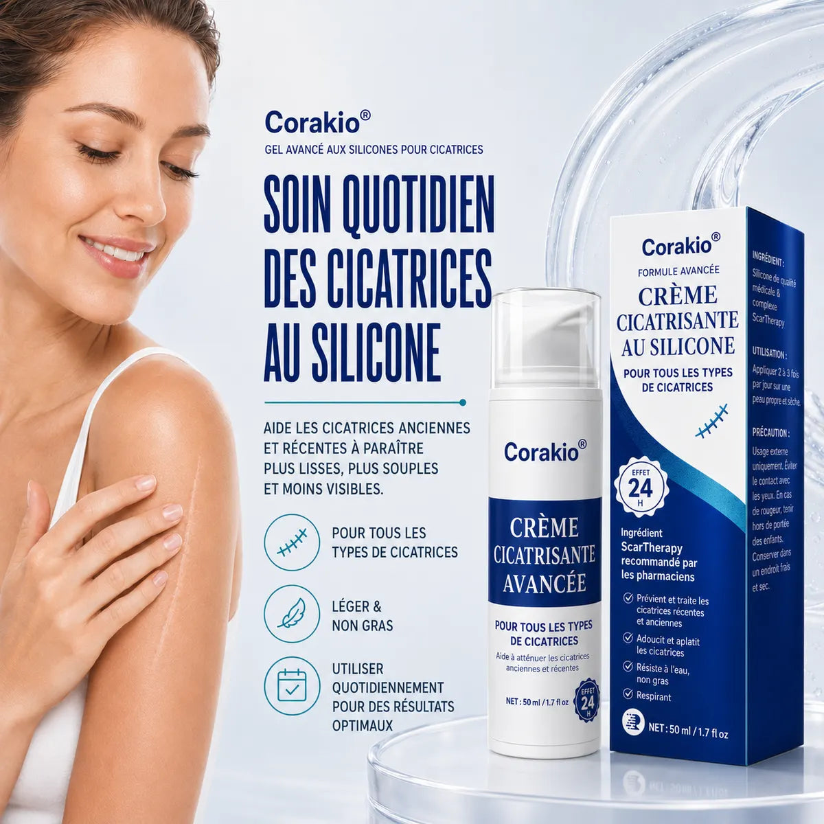 🆙✨corakio® Gel Avancé au Silicone pour Cicatrices – Crème Professionnelle Anti-Cicatrices pour Cicatrices Chirurgicales, Chéloïdes, Vergetures, Cicatrices de Césarienne & Réparation des Cicatrices Anciennes ou Récentes