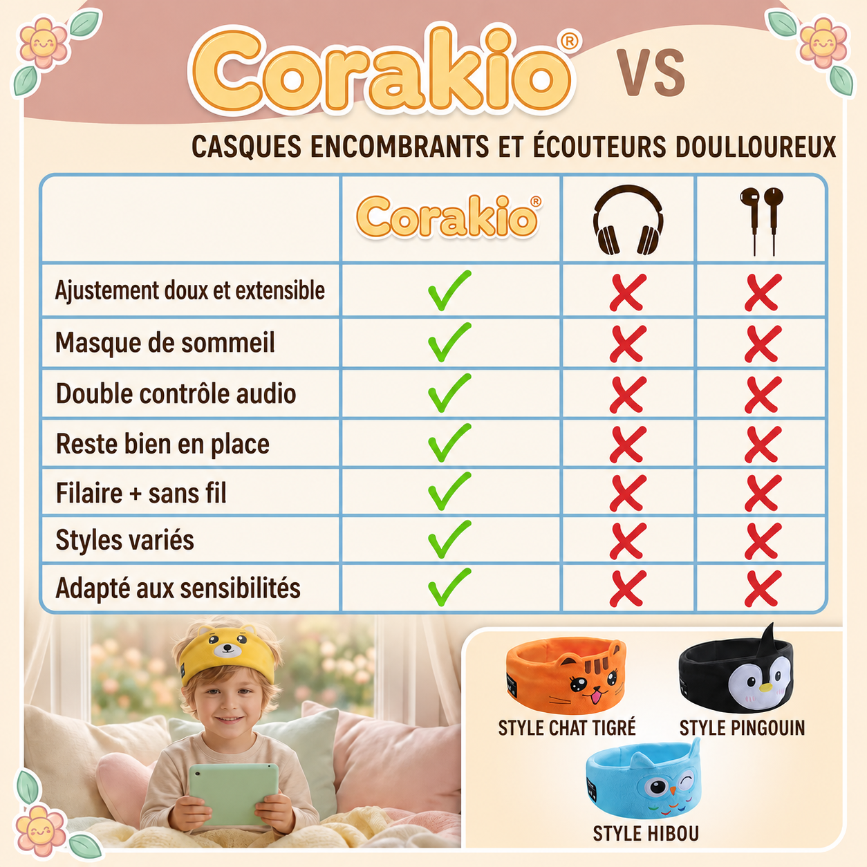 🆙 Corakio® Casque Bandeau Bluetooth Sans Fil pour Enfants – Écouteurs Animaux Doux pour Voyage, Sommeil et École