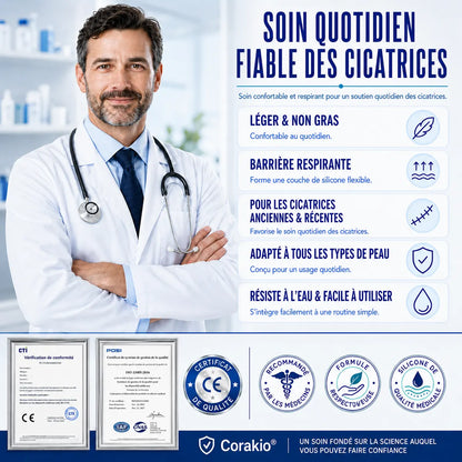 🆙✨corakio® Gel Avancé au Silicone pour Cicatrices – Crème Professionnelle Anti-Cicatrices pour Cicatrices Chirurgicales, Chéloïdes, Vergetures, Cicatrices de Césarienne & Réparation des Cicatrices Anciennes ou Récentes