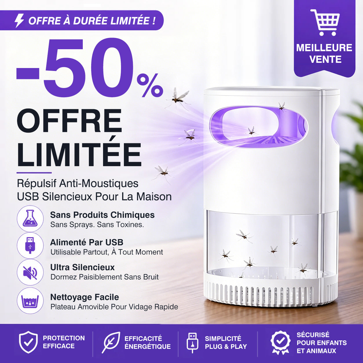 🦟 Lampe Anti-Moustiques UV USB – Protection Silencieuse & Sans Produits Chimiques 🌙