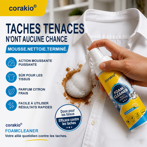 💞 Détachant & Dégraissant Corakio® – Mousse active, sans produits chimiques agressifs. Efficace sur le café, l'encre et la graisse. Un véritable nettoyant multi-usages. 🏠✅