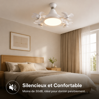 🌬️Corakio® Ventilateur de Plafond LED à Douille — Installation Sans Outils, Lumière Réglable & Air Frais