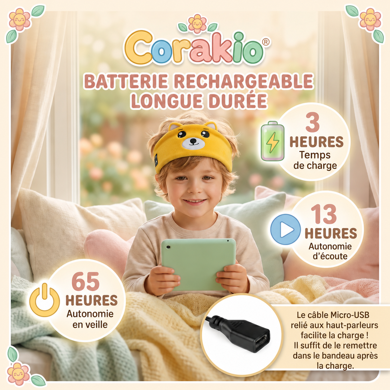🆙 Corakio® Casque Bandeau Bluetooth Sans Fil pour Enfants – Écouteurs Animaux Doux pour Voyage, Sommeil et École