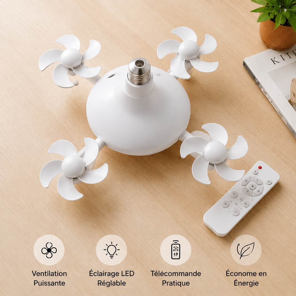 🌬️Corakio® Ventilateur de Plafond LED à Douille — Installation Sans Outils, Lumière Réglable & Air Frais