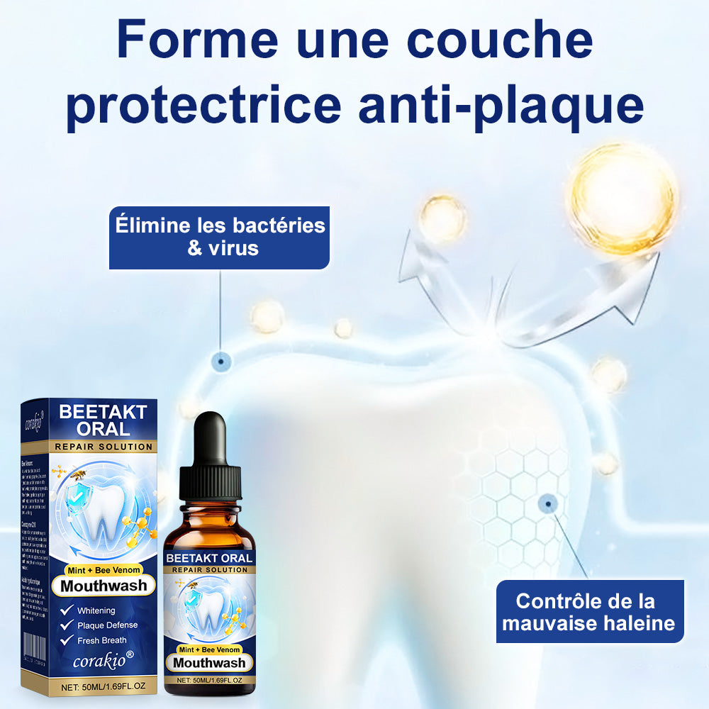 💡corakio® Soin Réparateur Buccal, Gouttes Concentrées au Venin d'Abeille contre le Déchaussement, Saignements & Plaque - Alternative au Bain de Bouche