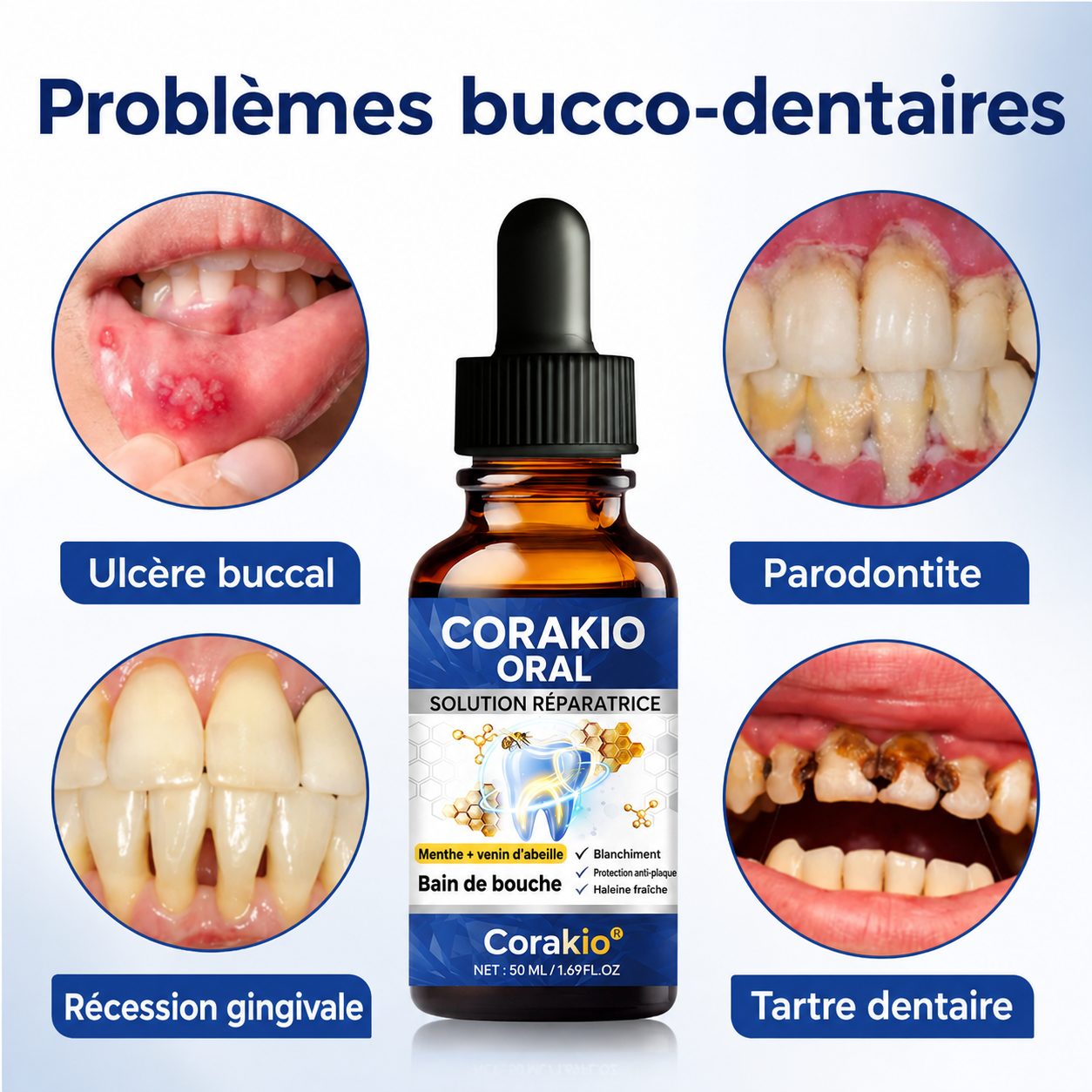 🦷 Corakio® Solution Bucco-Dentaire Réparatrice au Venin d’Abeille — Bain de Bouche Concentré pour Haleine Fraîche & Protection Anti-Plaque