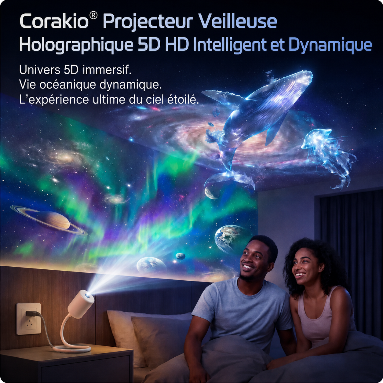 🪄Corakio® Projecteur Veilleuse Holographique 5D HD — Galaxie & Océan Dynamiques pour Chambre