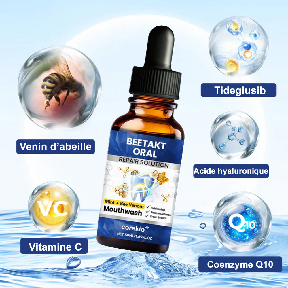 🌿 corakio® Soin Réparateur Buccal, Gouttes Concentrées au Venin d'Abeille contre le Déchaussement, Saignements & Plaque - Alternative au Bain de Bouche