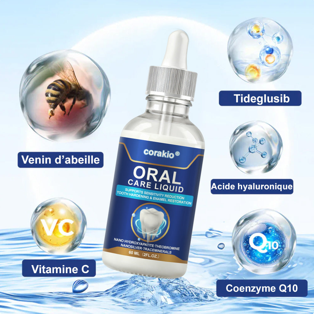 🦷🔥 Solution de Soins Buccaux – Traite efficacement les dommages à l'émail, l'inflammation gingivale, les maux de dents, la sensibilité dentaire, les saignements des gencives, la parodontite, les caries, les aphtes et la mauvaise haleine.