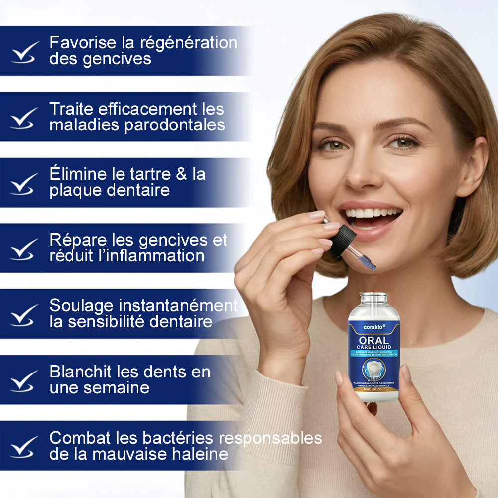 🦷🔥 Solution de Soins Buccaux – Traite efficacement les dommages à l'émail, l'inflammation gingivale, les maux de dents, la sensibilité dentaire, les saignements des gencives, la parodontite, les caries, les aphtes et la mauvaise haleine.