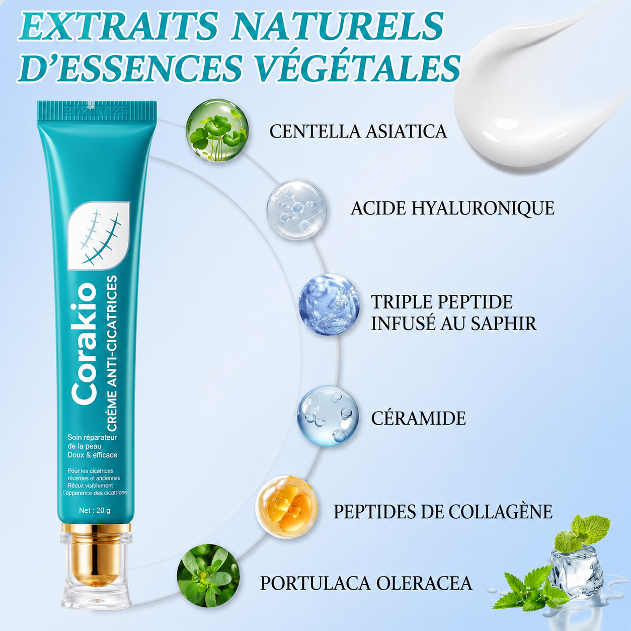 ✨ Corakio® Crème Réparatrice Anti-Cicatrices — Vergetures Cicatrices & Marques d’Acné