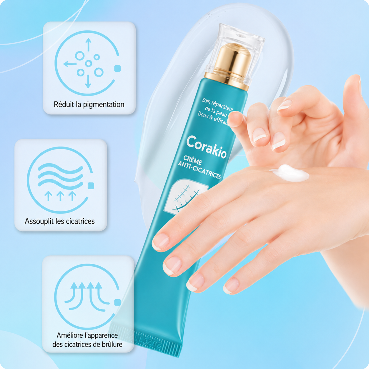 ✨ Corakio® Crème Réparatrice Anti-Cicatrices — Vergetures Cicatrices & Marques d’Acné
