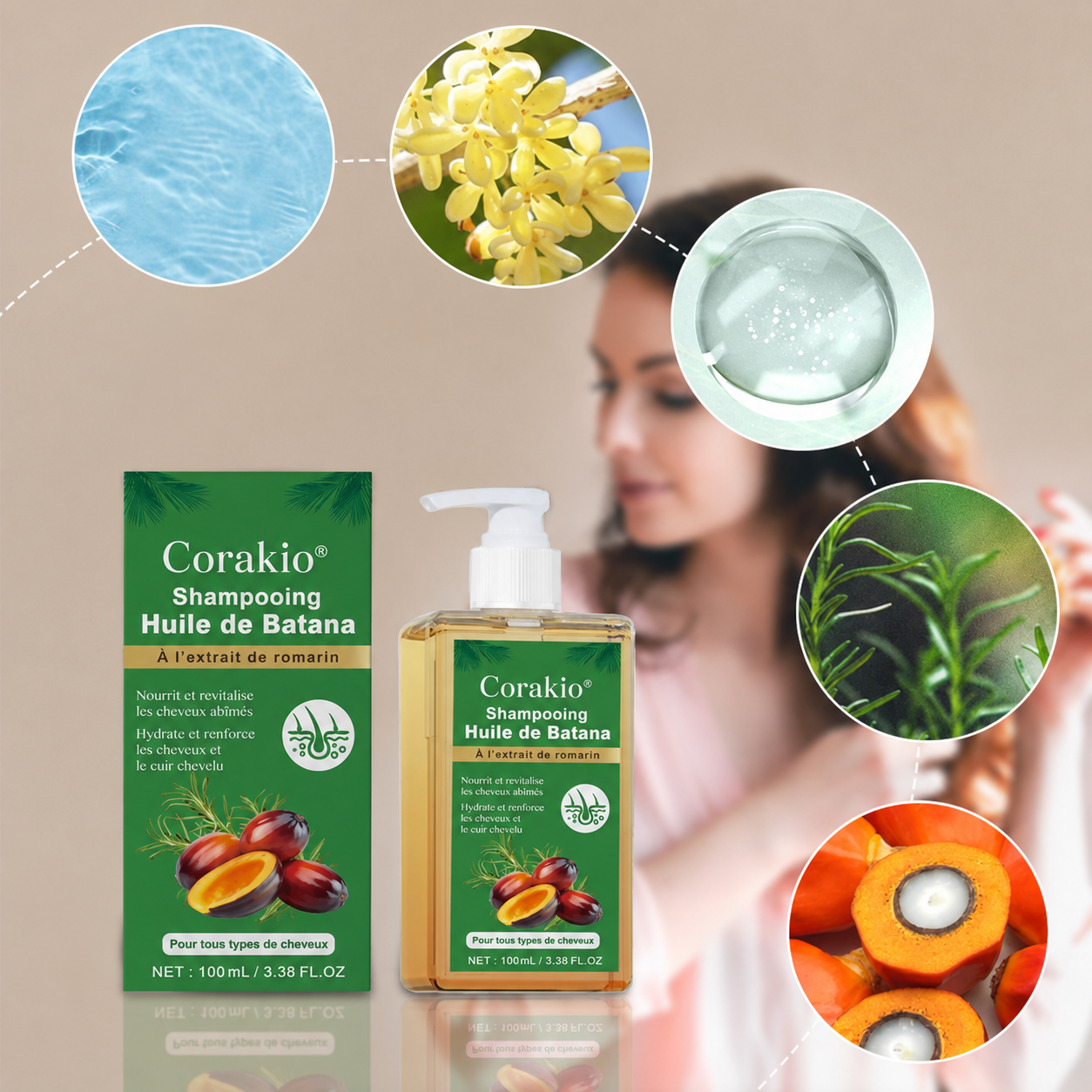 🌿Corakio® Shampooing à l’Huile de Batana & Extrait de Romarin — Aide à Renforcer les Racines et Revitaliser les Cheveux