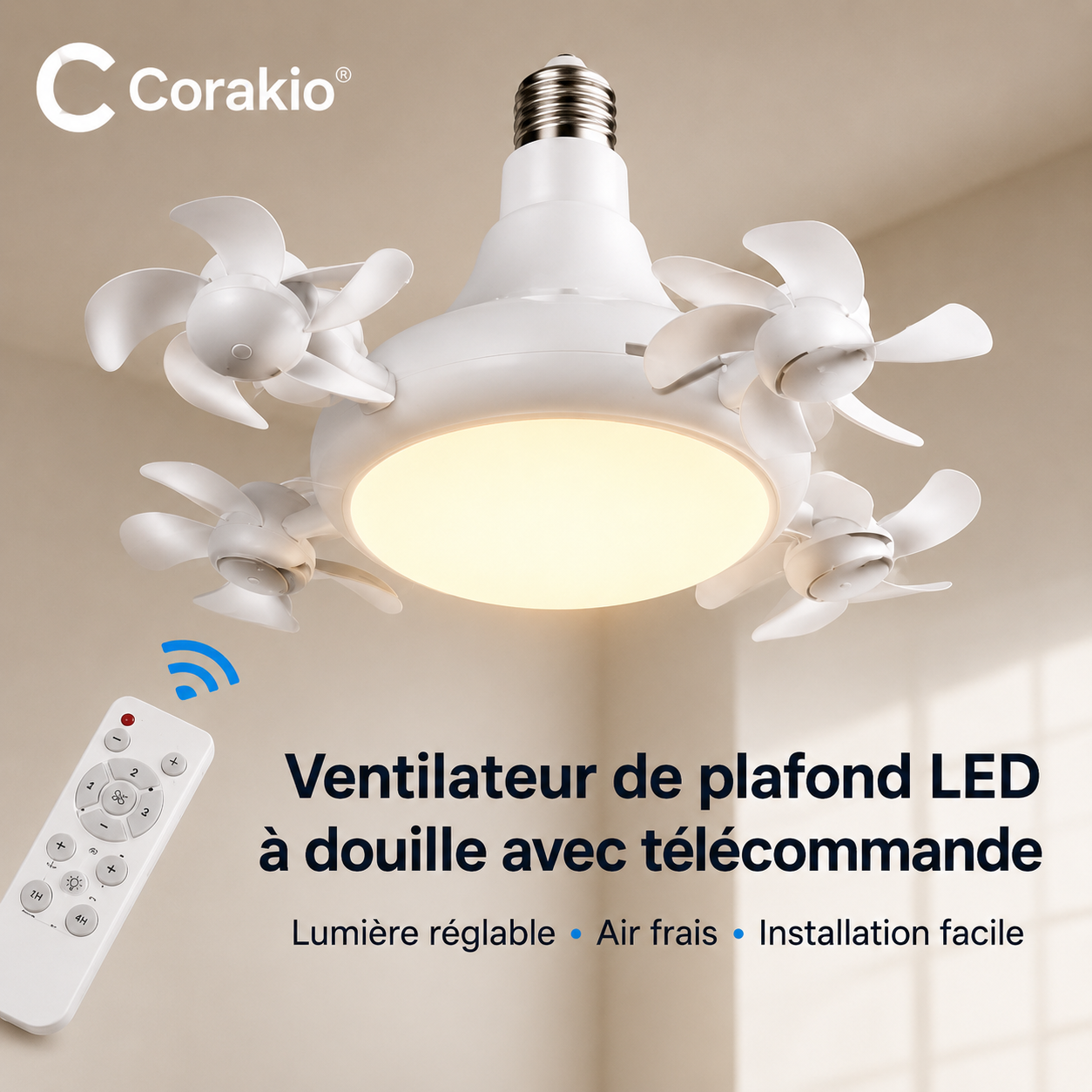 🌬️Corakio® Ventilateur de Plafond LED à Douille — Installation Sans Outils, Lumière Réglable & Air Frais