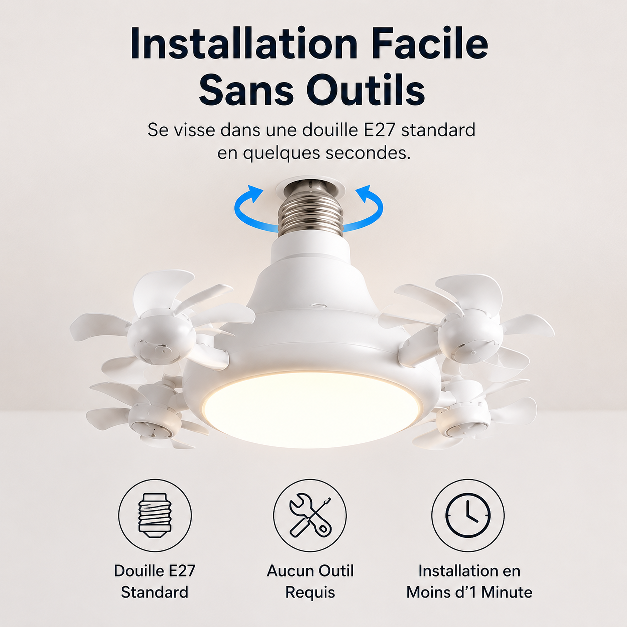 🌬️Corakio® Ventilateur de Plafond LED à Douille — Installation Sans Outils, Lumière Réglable & Air Frais