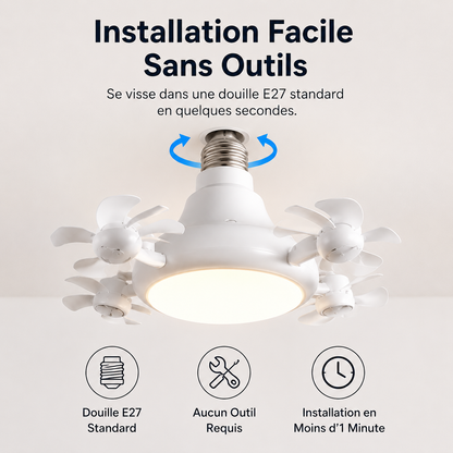 🌬️Corakio® Ventilateur de Plafond LED à Douille — Installation Sans Outils, Lumière Réglable & Air Frais