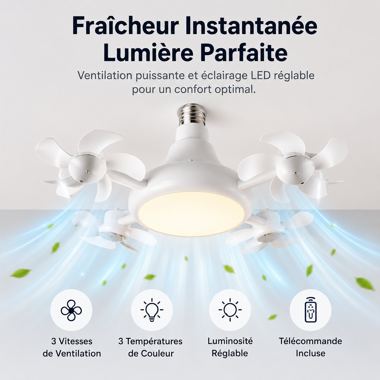 🌬️Corakio® Ventilateur de Plafond LED à Douille — Installation Sans Outils, Lumière Réglable & Air Frais