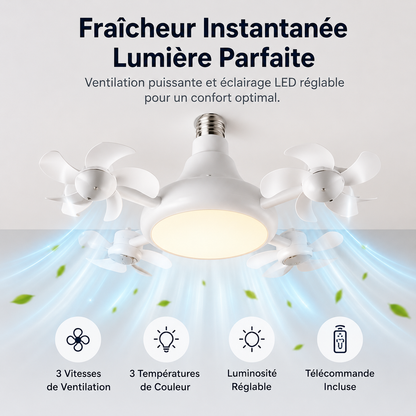 🌬️Corakio® Ventilateur de Plafond LED à Douille — Installation Sans Outils, Lumière Réglable & Air Frais